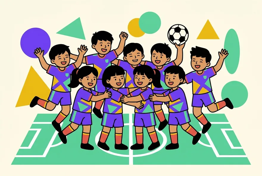 ภาพประกอบทีมฟุตบอลเยาวชนกำลังฉลองร่วมกัน (ภาพวาด ไม่ใช่ภาพของบุคคลจริง)